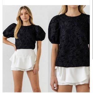 Black textured, puffy sleeve blouse